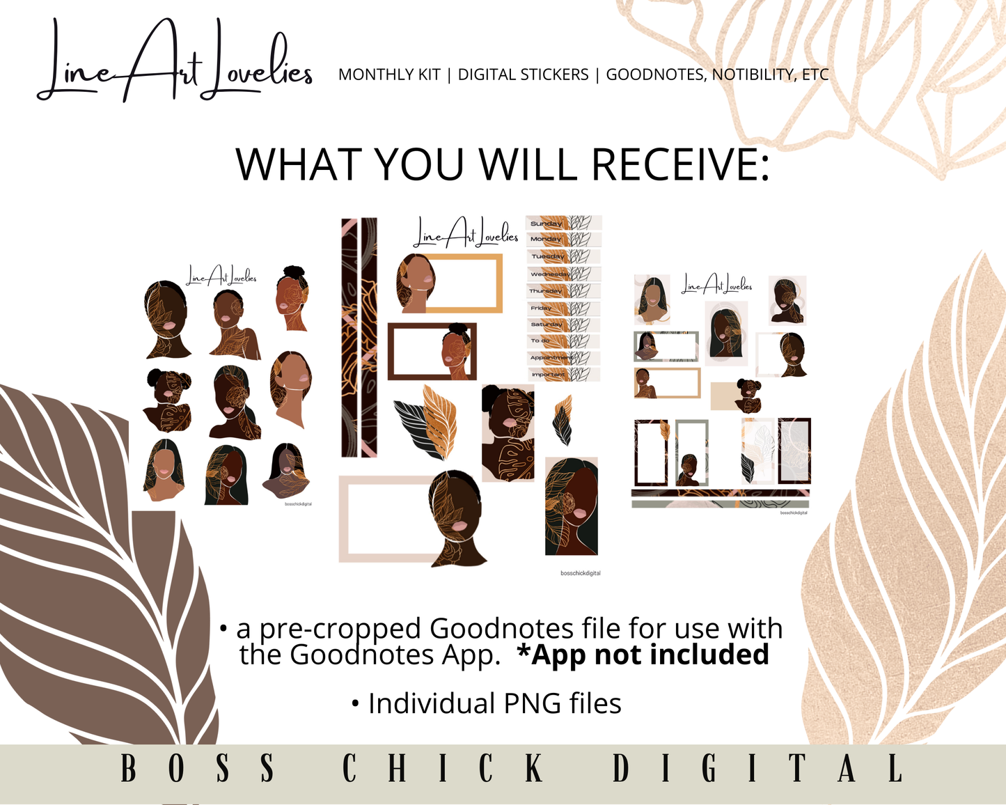 Line Art Lovelies Digital Planner Stickers Monthly Digital Sticker Kit | Digital Pre-Cropped Goodnotes File Digital Stickers | PNG's Included