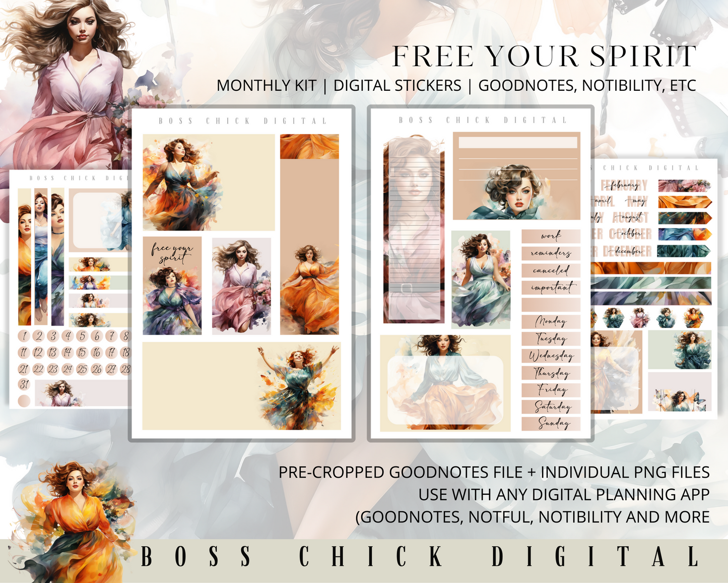Digital Planner Stickers Monthly Digital Sticker Kit | Digital Pre-Cropped Goodnotes File Digital Stickers | PNG's Included- Free Your Spirit