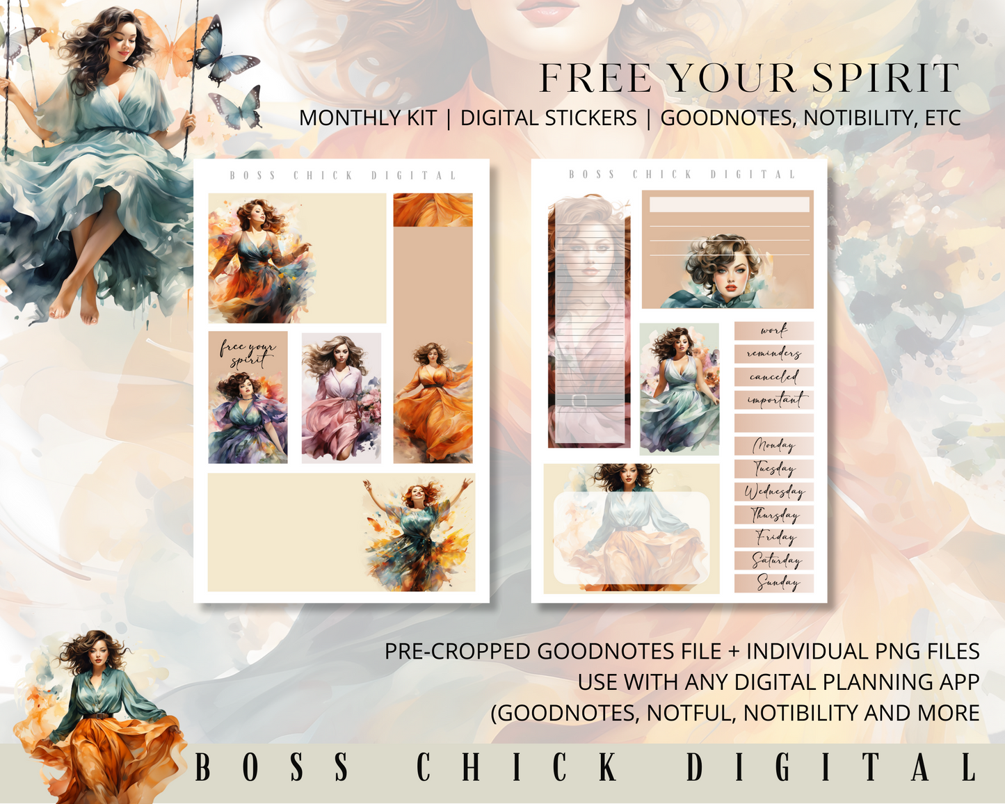 Digital Planner Stickers Monthly Digital Sticker Kit | Digital Pre-Cropped Goodnotes File Digital Stickers | PNG's Included- Free Your Spirit