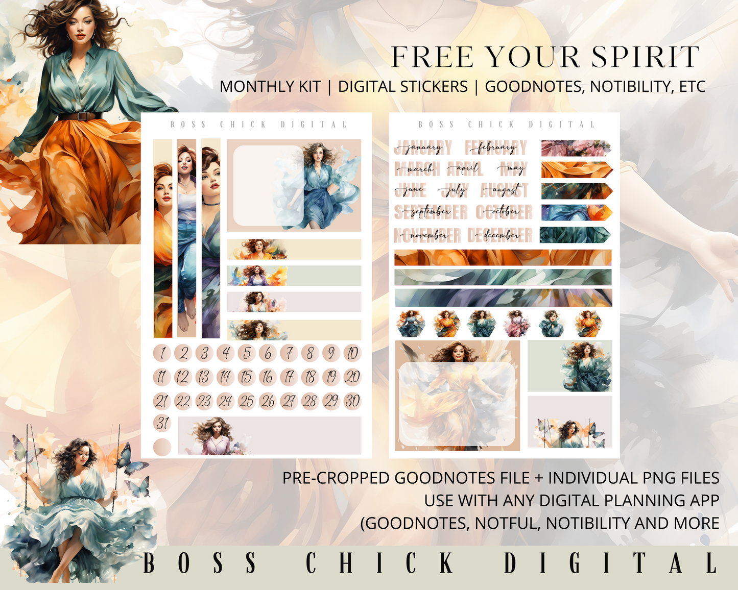 Digital Planner Stickers Monthly Digital Sticker Kit | Digital Pre-Cropped Goodnotes File Digital Stickers | PNG's Included- Free Your Spirit