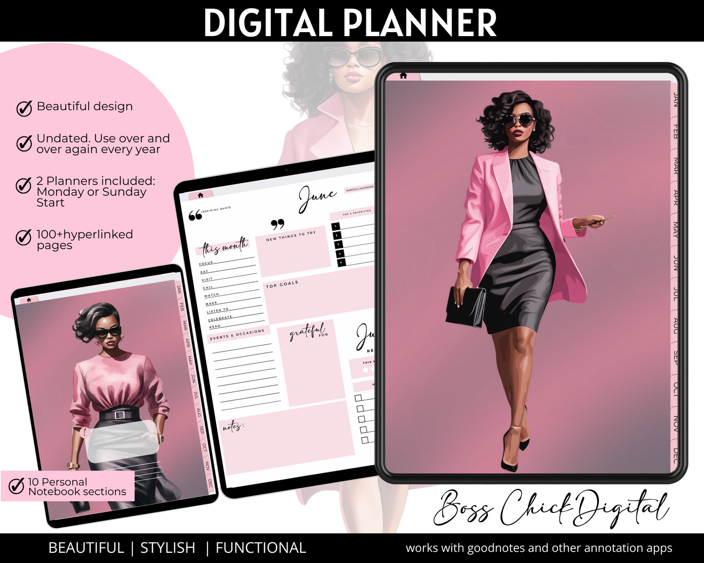 Digital Planner iPad Planner Goodnotes Planner, African American Girl Boss Lady Digital Planner Functional iPad Digital planner, Notability Planner