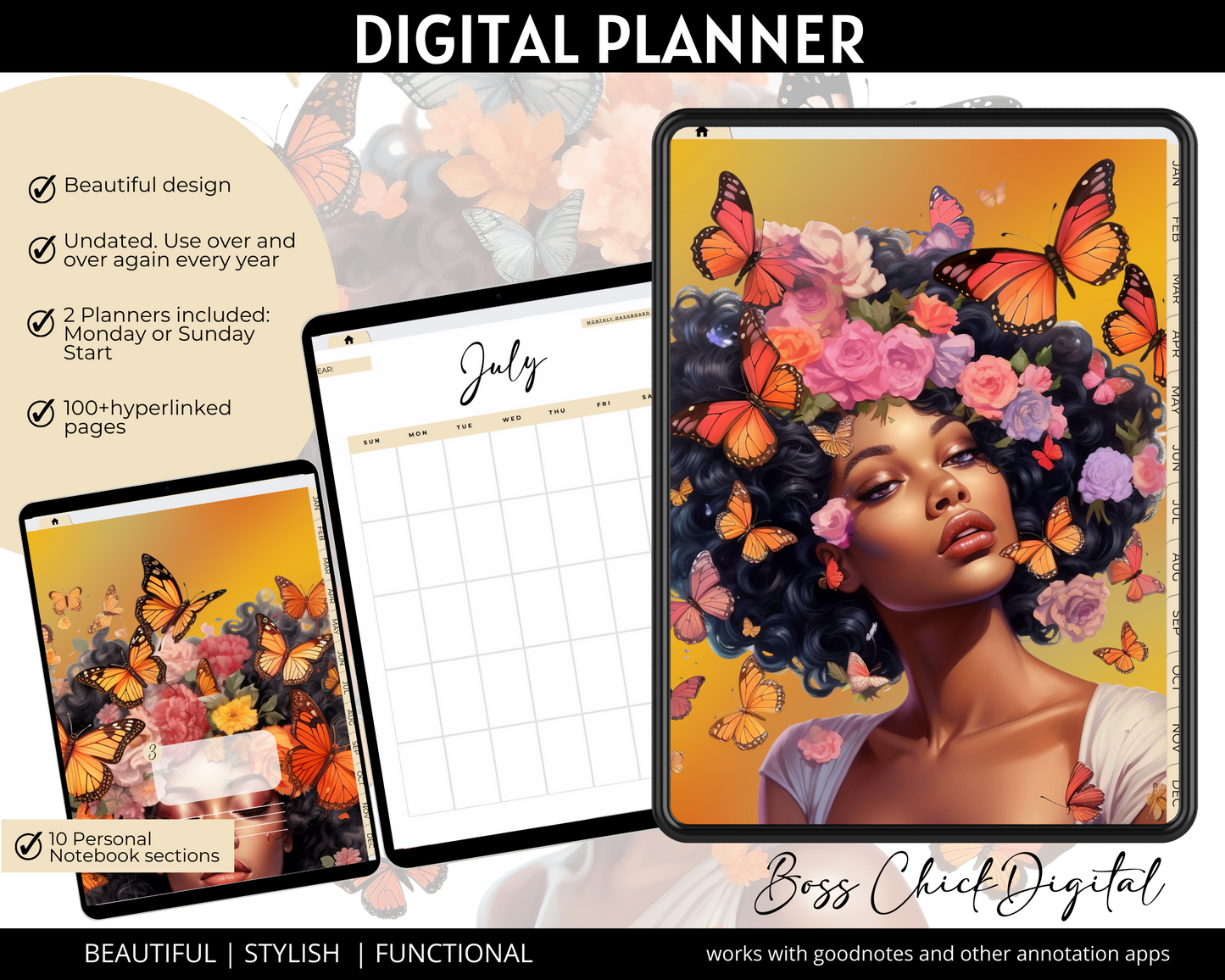 Digital Planner iPad Planner Goodnotes Planner, African American Girl Boss Lady Digital Planner Functional iPad Digital planner, Notability Planner