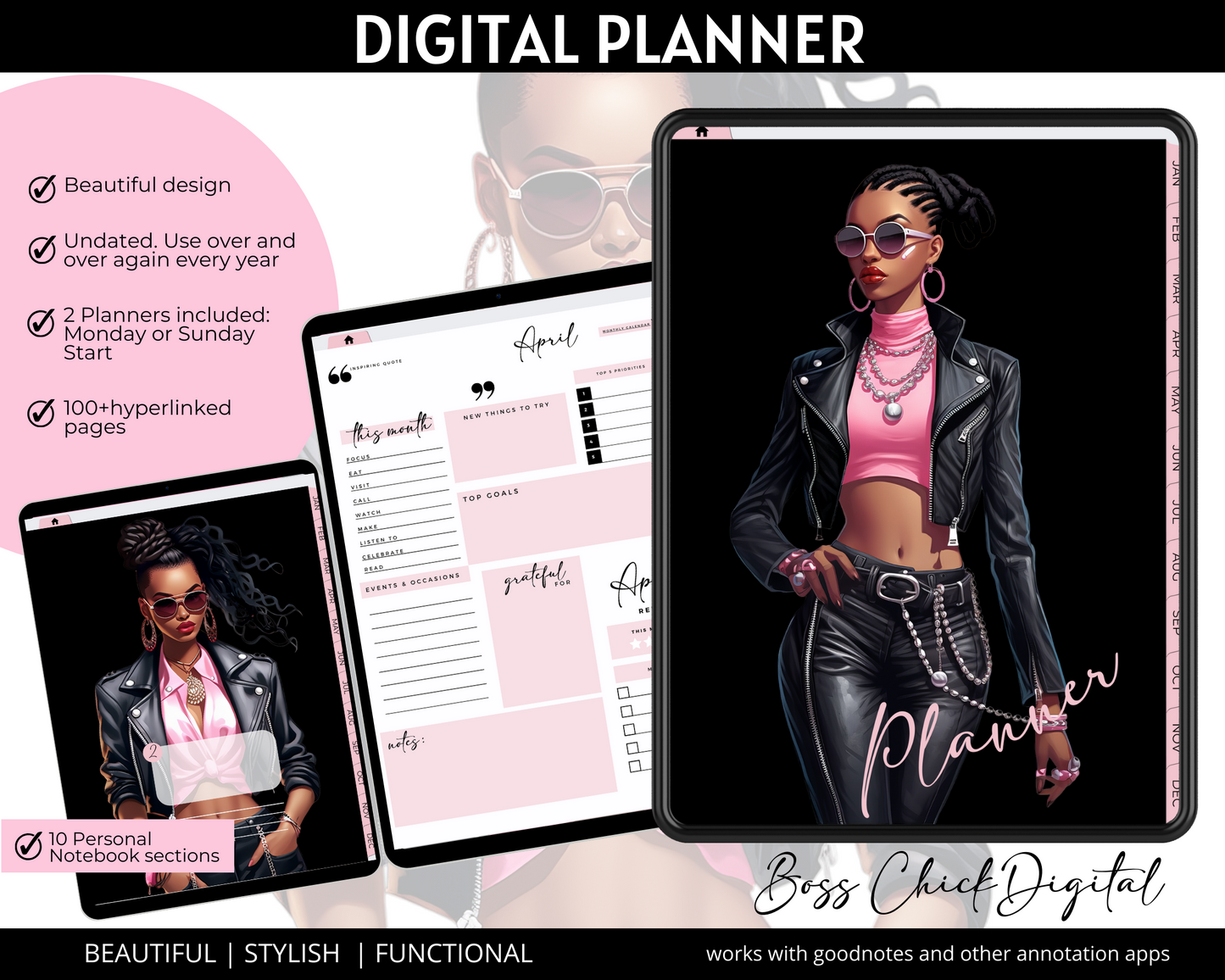Digital Planner iPad Planner Goodnotes Planner, African American Girl Boss Lady Digital Planner Functional iPad Digital planner, Notability Planner