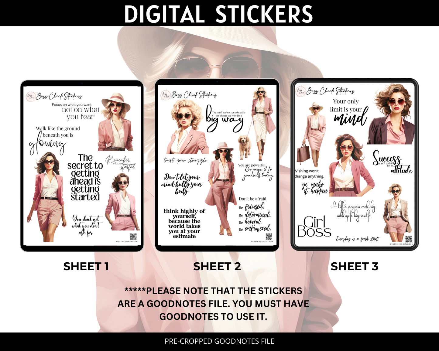Digital Stickers, Goodnotes stickers, Digital Planner Stickers Girl Boss Lady In Pink Digital Stickers for Digital Planner
