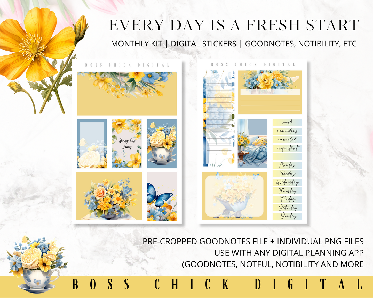 Digital Planner Stickers Monthly Digital Sticker Kit | Digital Pre-Cropped Goodnotes File Digital Stickers | PNG's Included- Spring Has Sprung