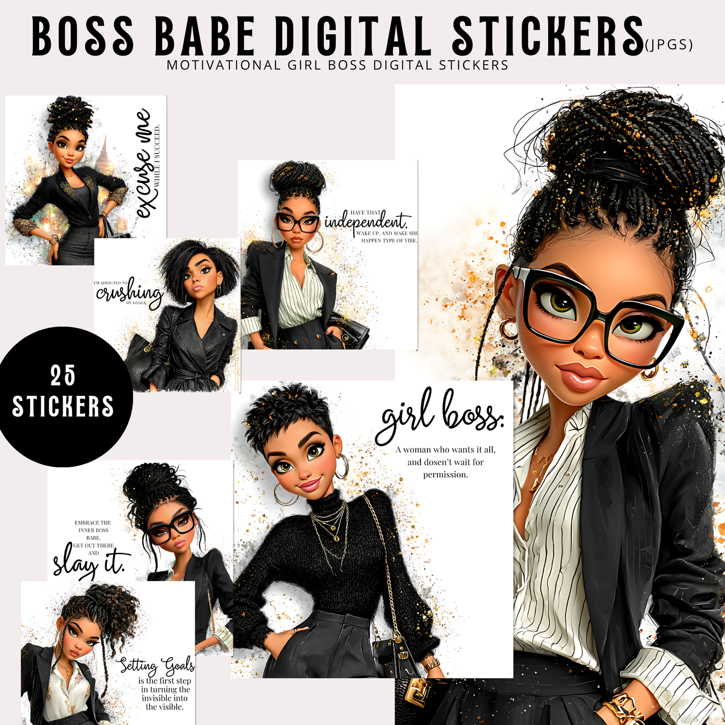 Boss Babe Digital Stickers for Goodnotes | 25 Aesthetic Black Girl Planner Stickers | iPad Digital Planning PNGs | Girl Boss Motivation Pack