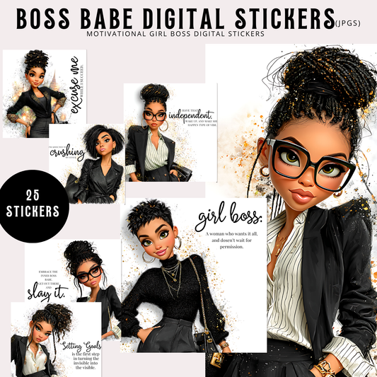 Boss Babe Digital Stickers for Goodnotes | 25 Aesthetic Black Girl Planner Stickers | iPad Digital Planning PNGs | Girl Boss Motivation Pack