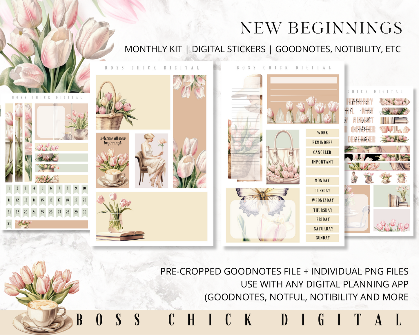 Digital Planner Stickers Monthly Digital Sticker Kit | Digital Pre-Cropped Goodnotes File Digital Stickers | PNG's Included- New Beginnings