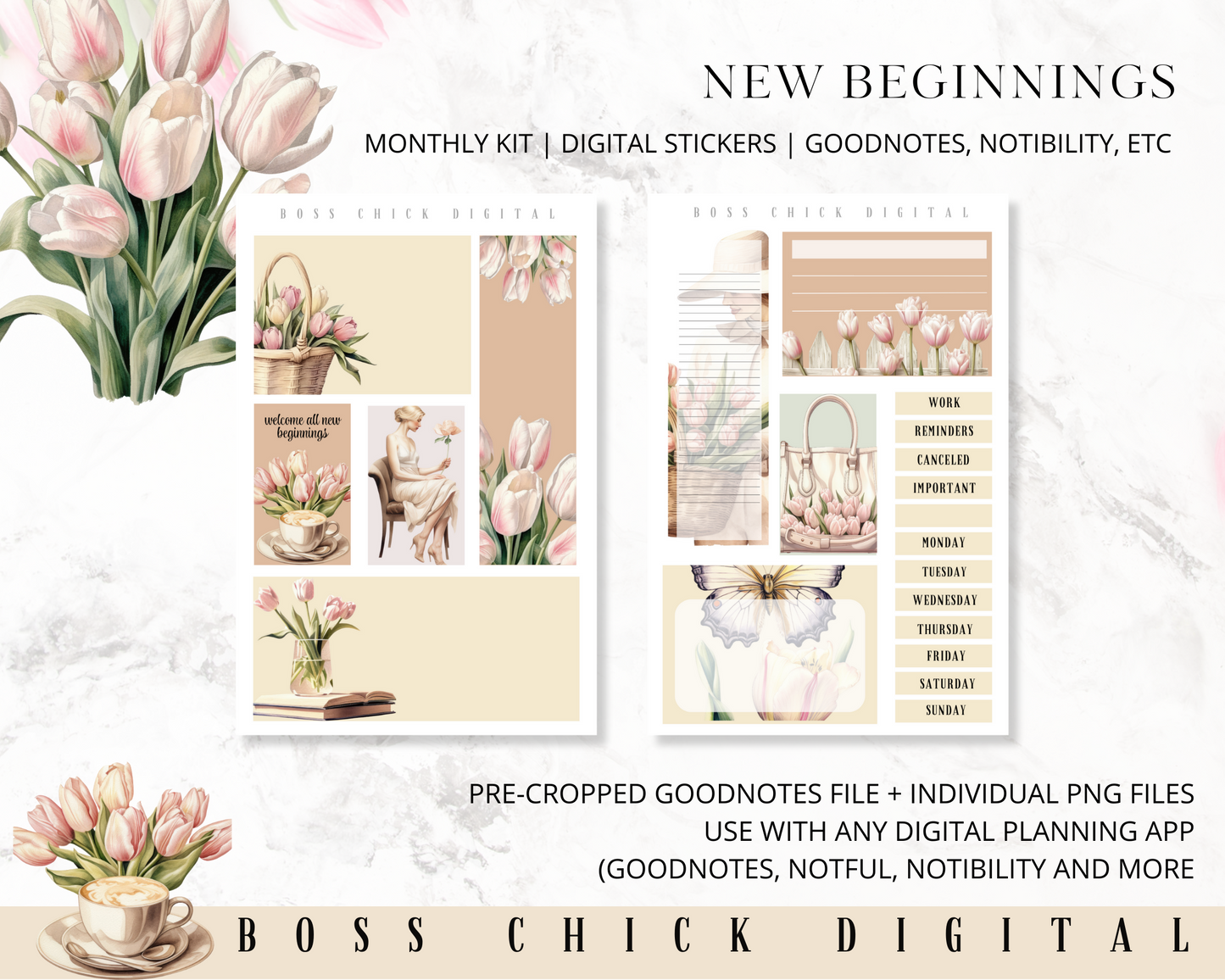 Digital Planner Stickers Monthly Digital Sticker Kit | Digital Pre-Cropped Goodnotes File Digital Stickers | PNG's Included- New Beginnings