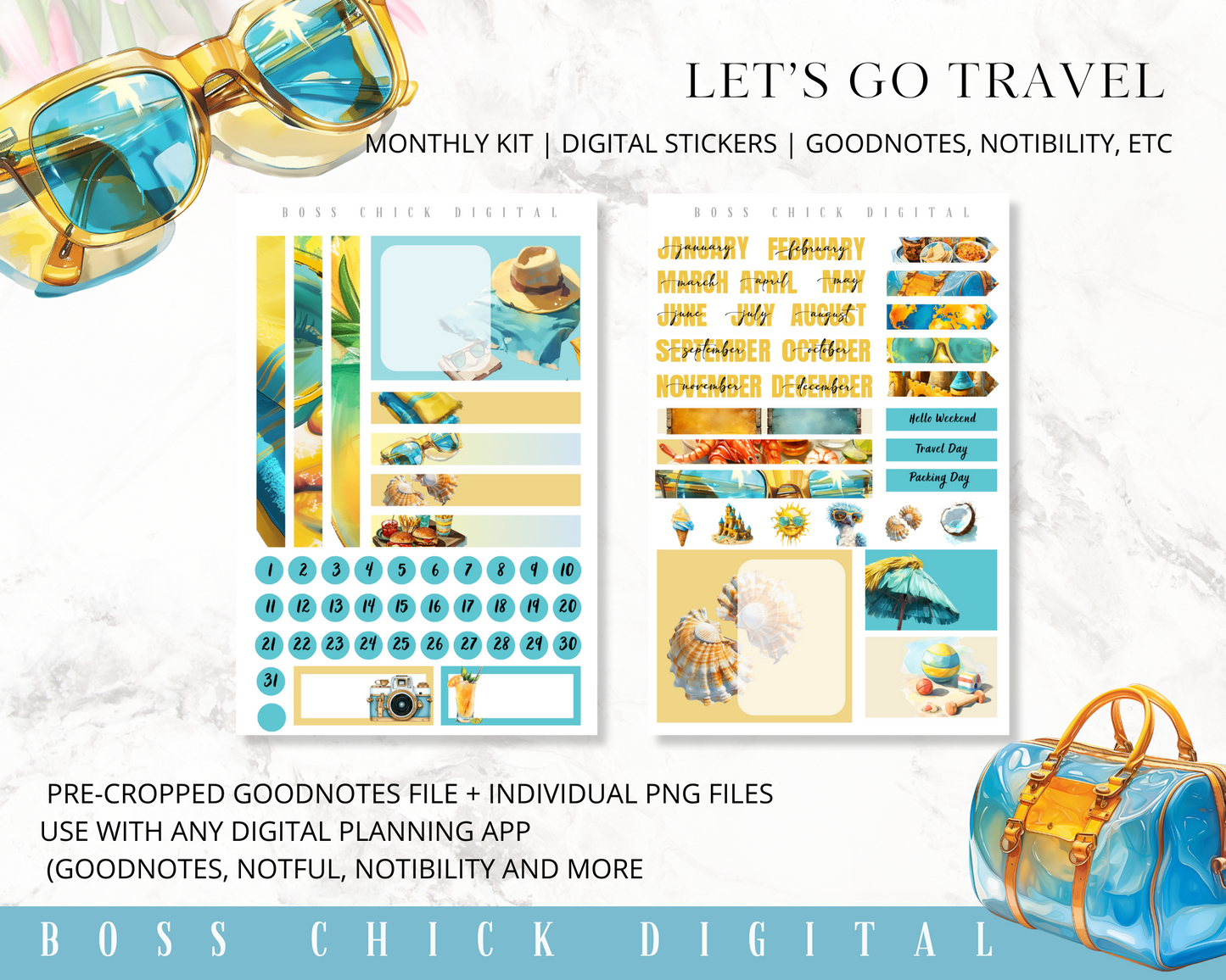Digital Planner Stickers Monthly Digital Sticker Kit | Digital Pre-Cropped Goodnotes File Digital Stickers | PNG's Included- Let's Go Travel