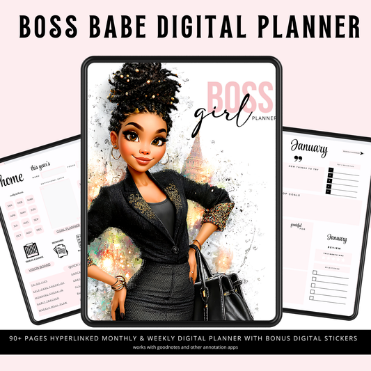 Boss Babe Digital Planner | Hyperlinked Undated PDF | Portrait Layout | Bonus Stickers | Girl Boss Digital Organizer