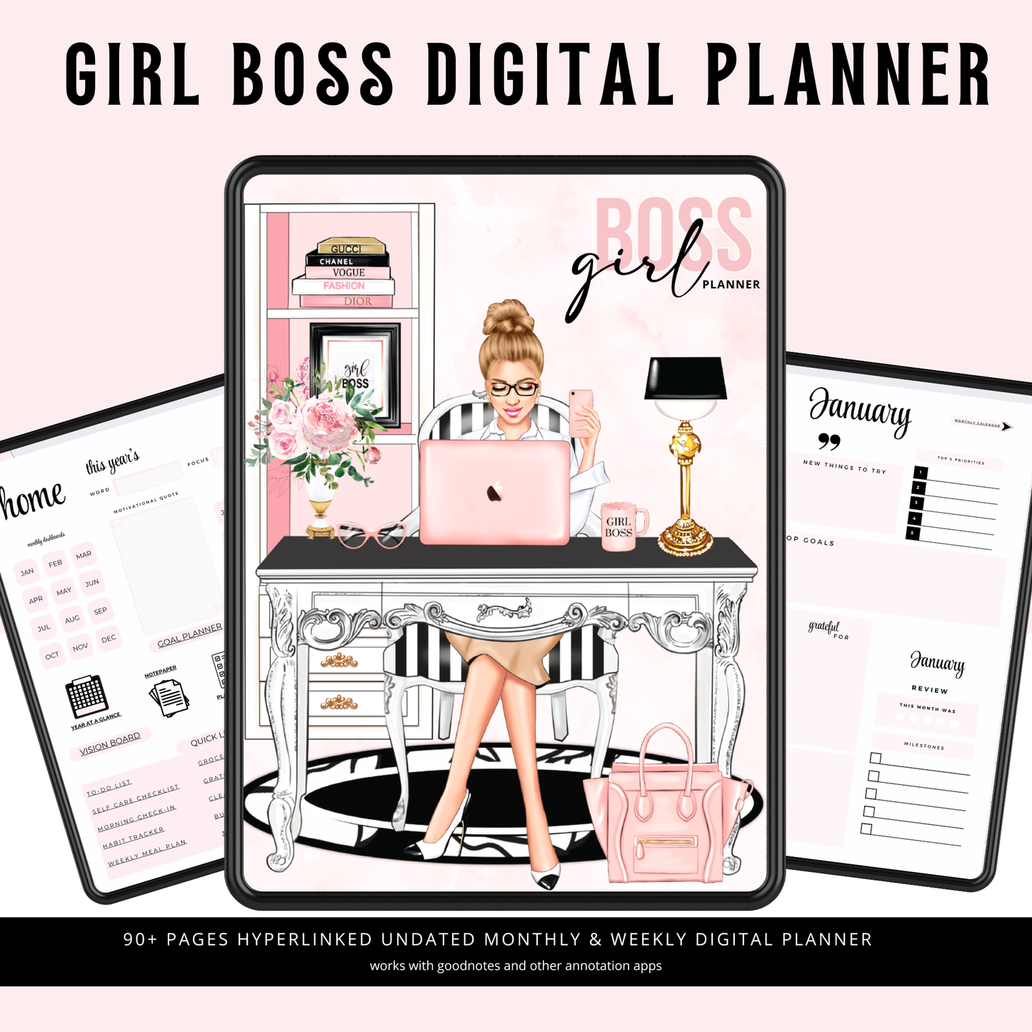 Stylish Girl Boss Cover Digital Life Planner | Goodnotes Compatible |  Boss Girl iPad Planner | Hyperlinked & Undated PDF
