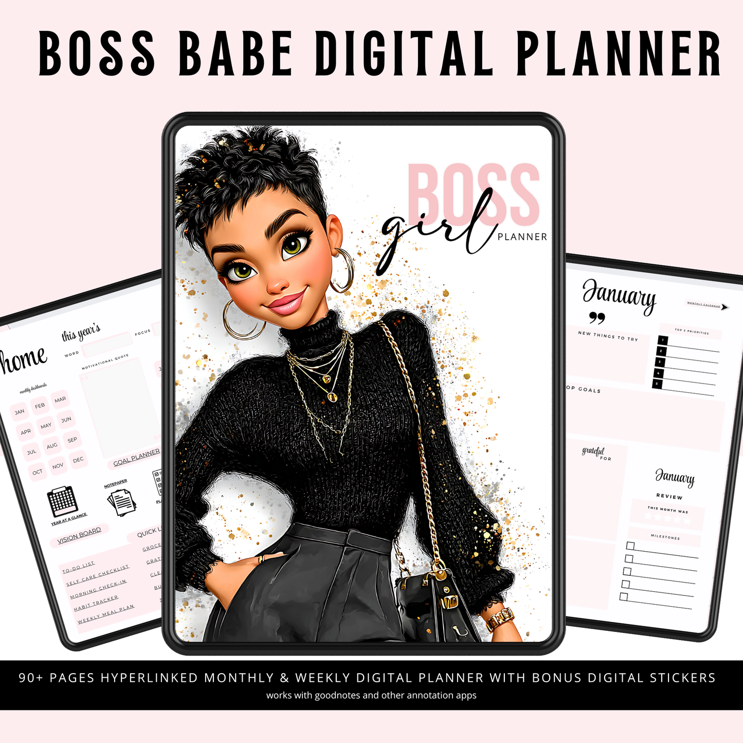 Boss Babe Digital Planner for iPad Goodnotes | Hyperlinked Undated PDF | Portrait Layout | Bonus Stickers | Girl Boss Digital Life Organizer