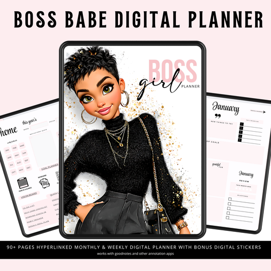 Boss Babe Digital Planner for iPad Goodnotes | Hyperlinked Undated PDF | Portrait Layout | Bonus Stickers | Girl Boss Digital Life Organizer