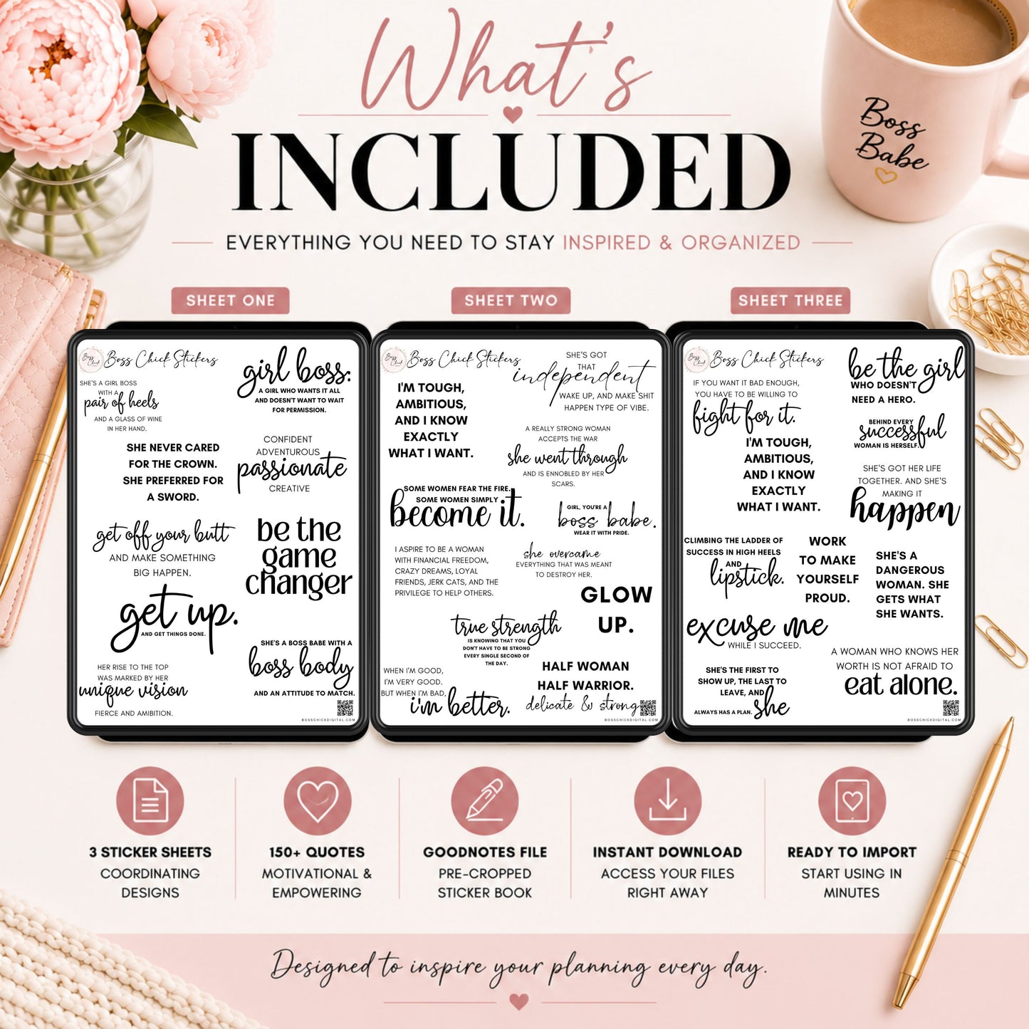 Digital Stickers, Goodnotes stickers, Digital Planner Stickers Girl Boss Lady Motivational Sayings Digital Stickers for Digital Planner