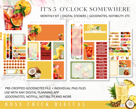 Digital Planner Stickers Monthly Digital Sticker Kit | Digital Pre-Cropped Goodnotes File Digital Stickers | PNG's Included- It's 5 o'clock Somewhere