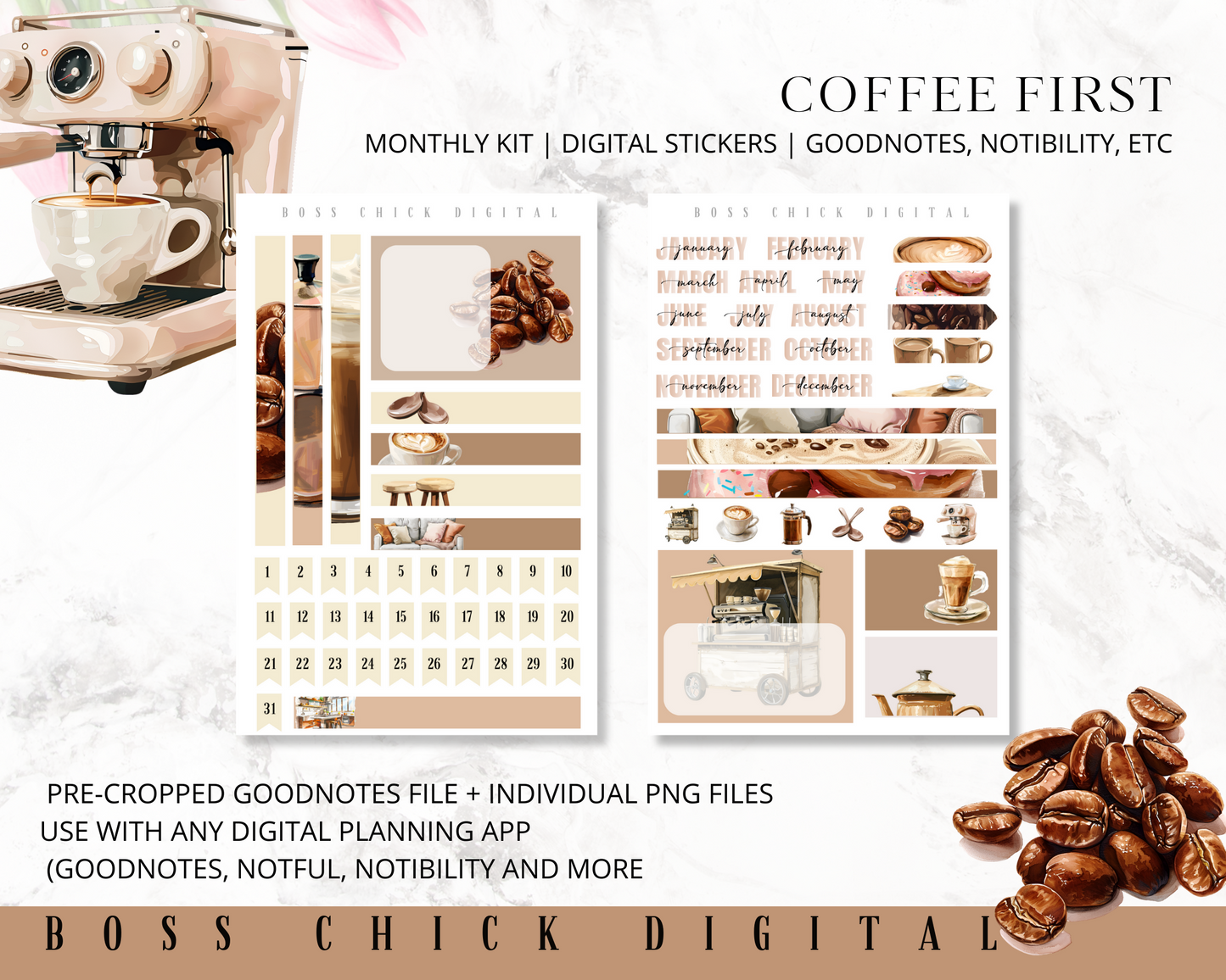 Digital Planner Stickers Monthly Digital Sticker Kit | Digital Pre-Cropped Goodnotes File Digital Stickers | PNG's Included- Coffee First