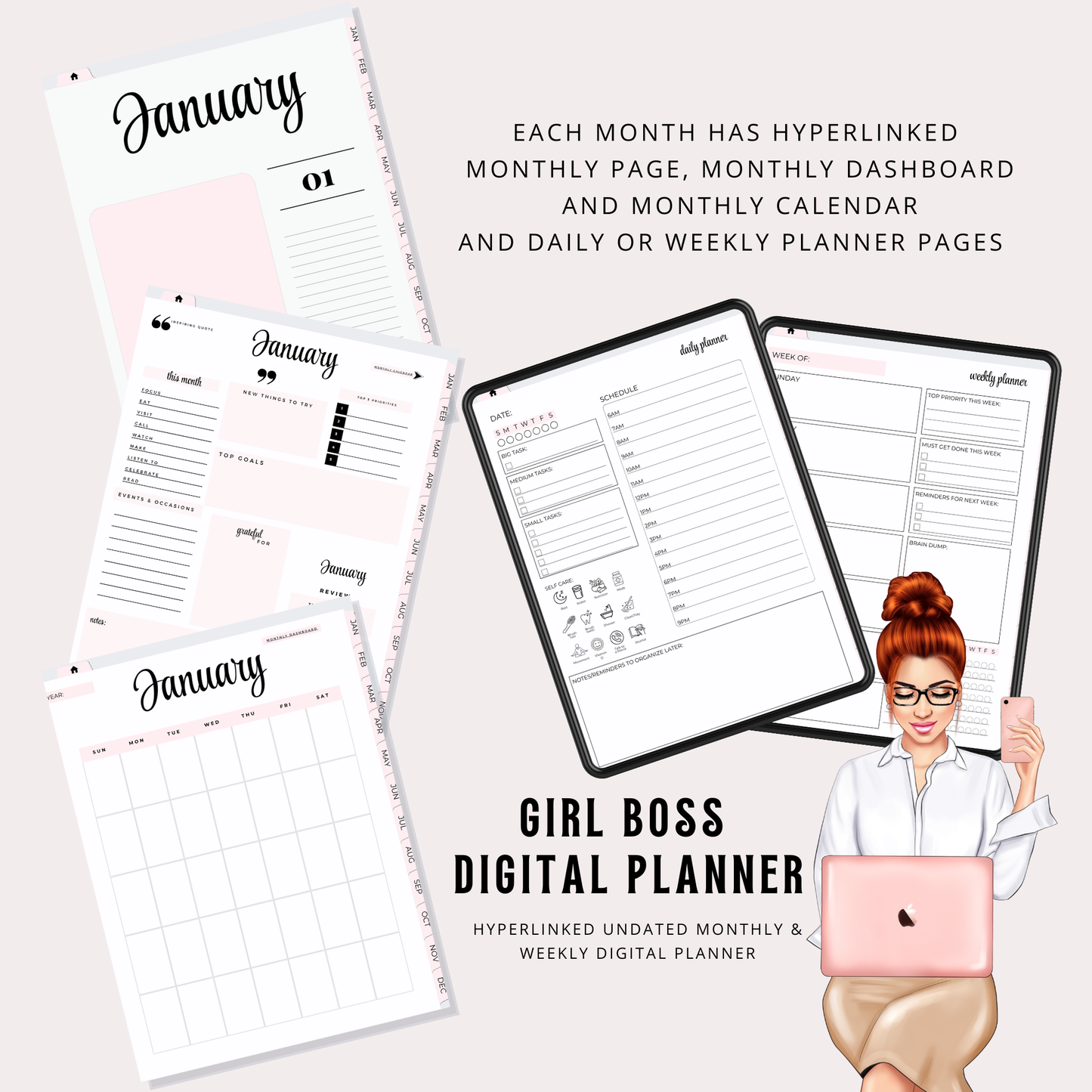 Girl Boss Digital Planner | Hyperlinked Undated PDF | Portrait Layout | Girl Boss Digital Organizer