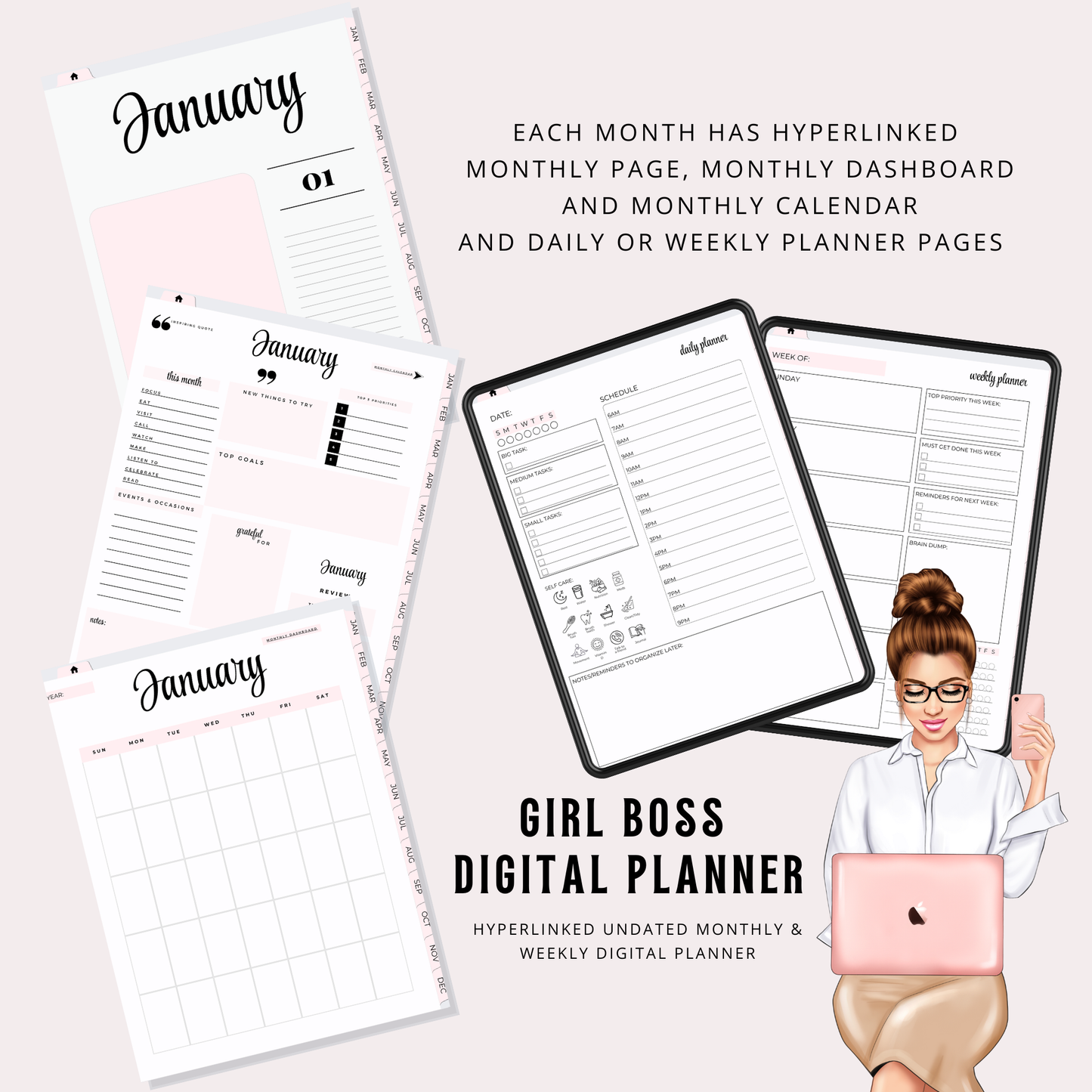 Girl Boss Digital Planner for Women | Boss Girl iPad Planner | Hyperlinked & Undated PDF