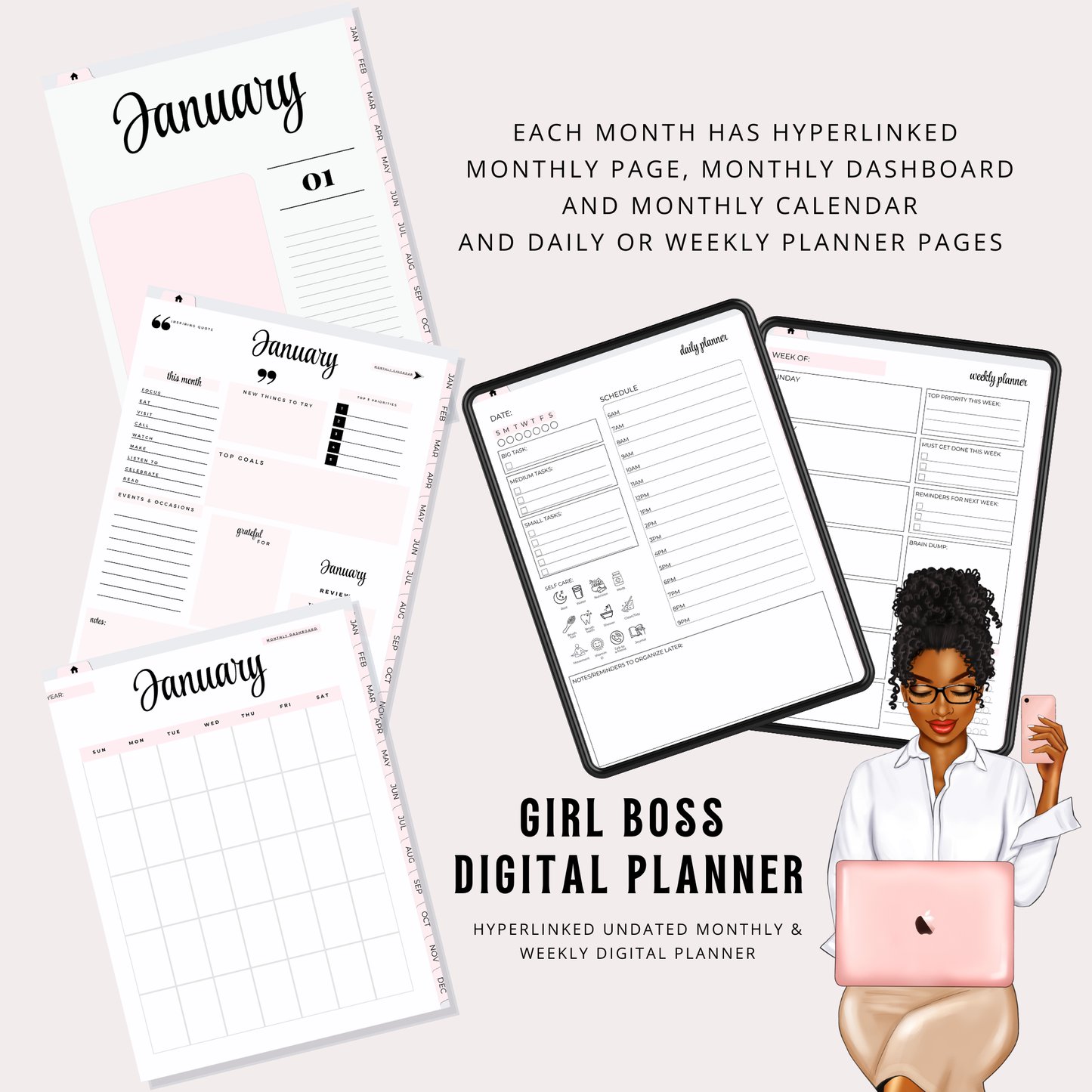 Black Girl Magic Girl Boss Planner | Digital iPad PDF | Hyperlinked Girl Boss Digital Planner |  Girl Boss Digital Organizer