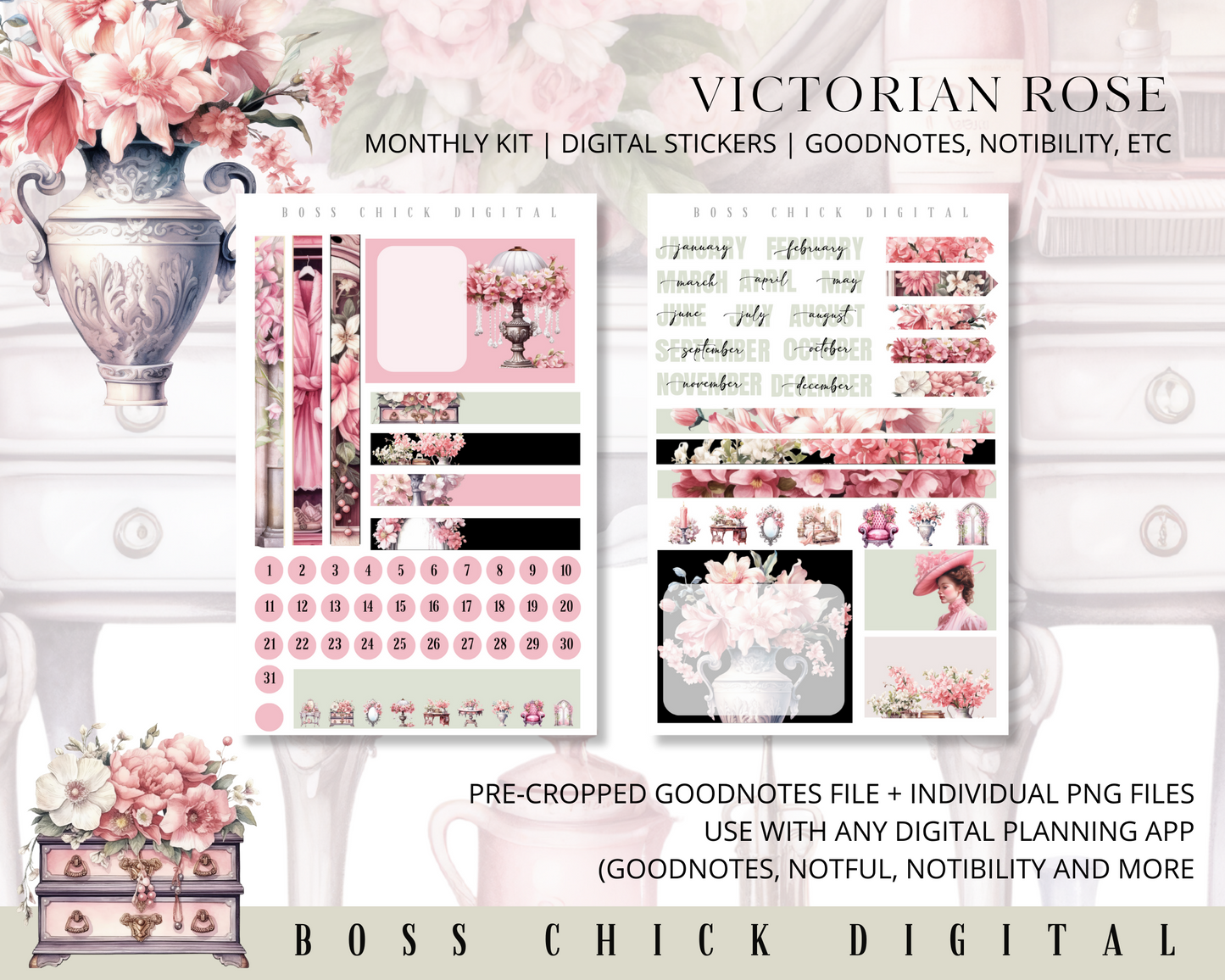 Digital Planner Stickers Monthly Digital Sticker Kit | Digital Pre-Cropped Goodnotes File Digital Stickers | PNG's Included- Victorian Rose