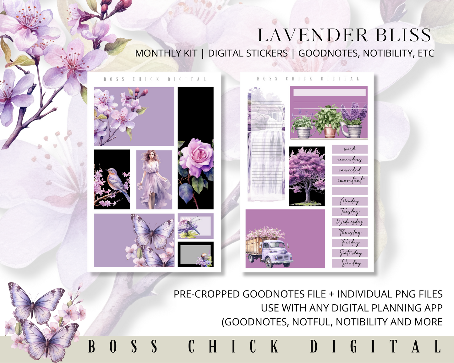 Digital Planner Stickers Monthly Digital Sticker Kit | Digital Pre-Cropped Goodnotes File Digital Stickers | PNG's Included- Lavender Bliss