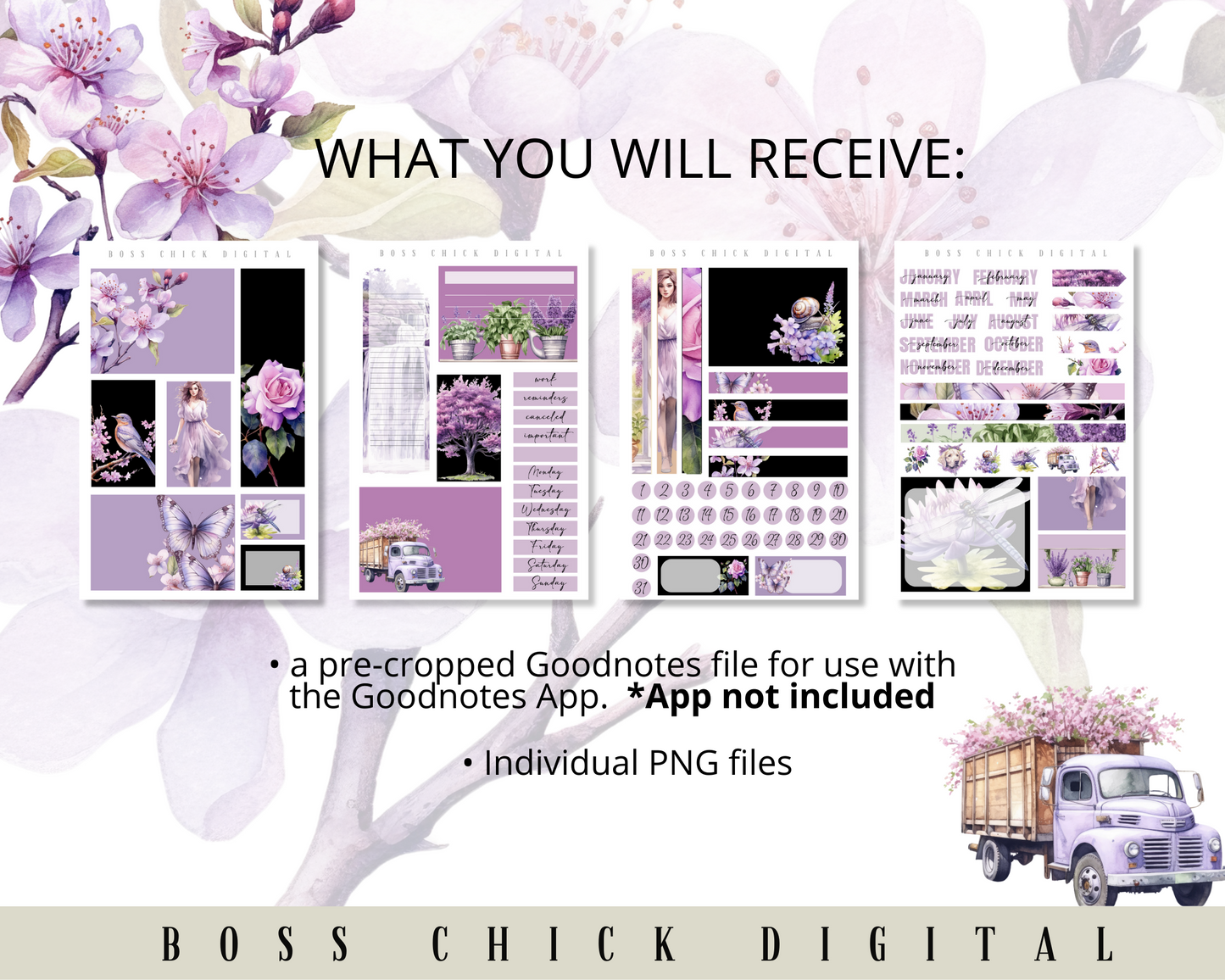 Digital Planner Stickers Monthly Digital Sticker Kit | Digital Pre-Cropped Goodnotes File Digital Stickers | PNG's Included- Lavender Bliss