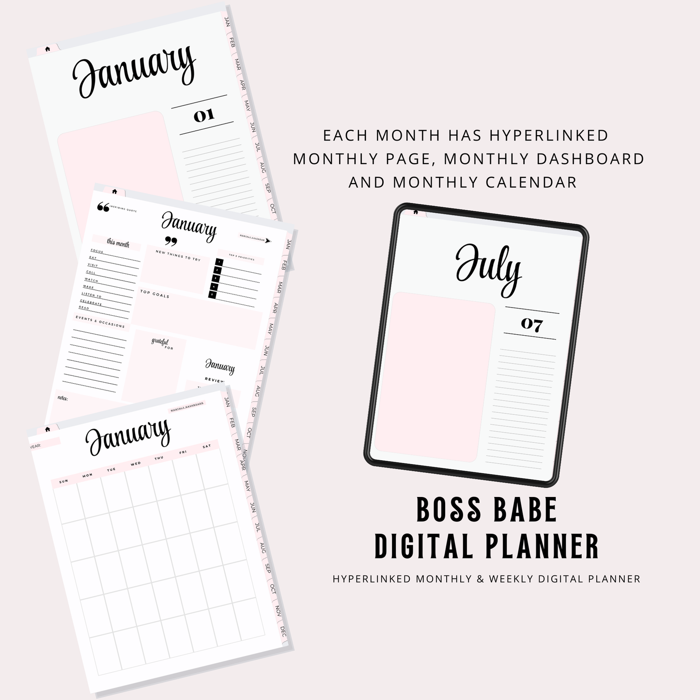 Boss Babe Digital Planner | Hyperlinked Undated PDF | Portrait Layout | Bonus Stickers | Girl Boss Digital Organizer