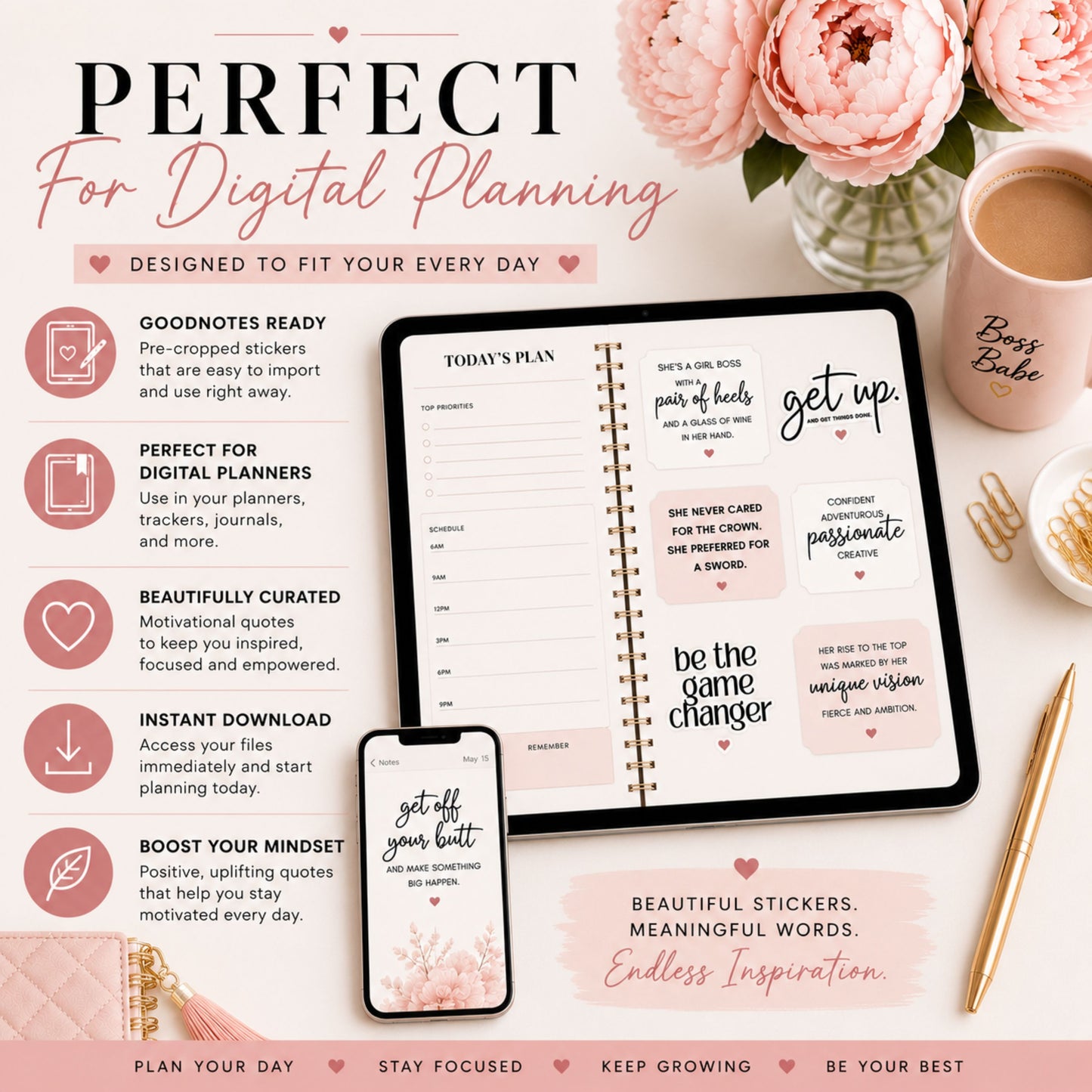 Digital Stickers, Goodnotes stickers, Digital Planner Stickers Girl Boss Lady Motivational Sayings Digital Stickers for Digital Planner