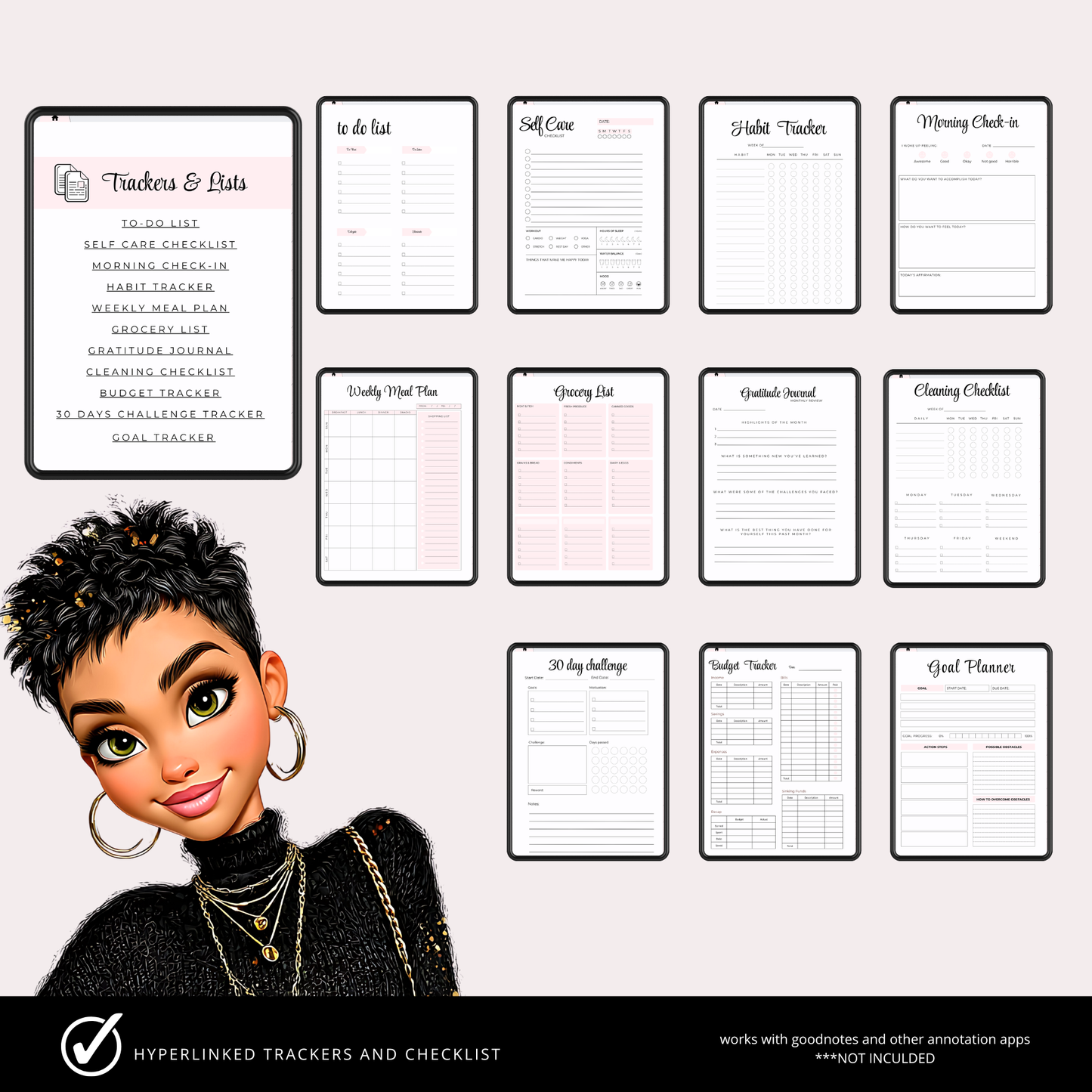Boss Babe Digital Planner for iPad Goodnotes | Hyperlinked Undated PDF | Portrait Layout | Bonus Stickers | Girl Boss Digital Life Organizer