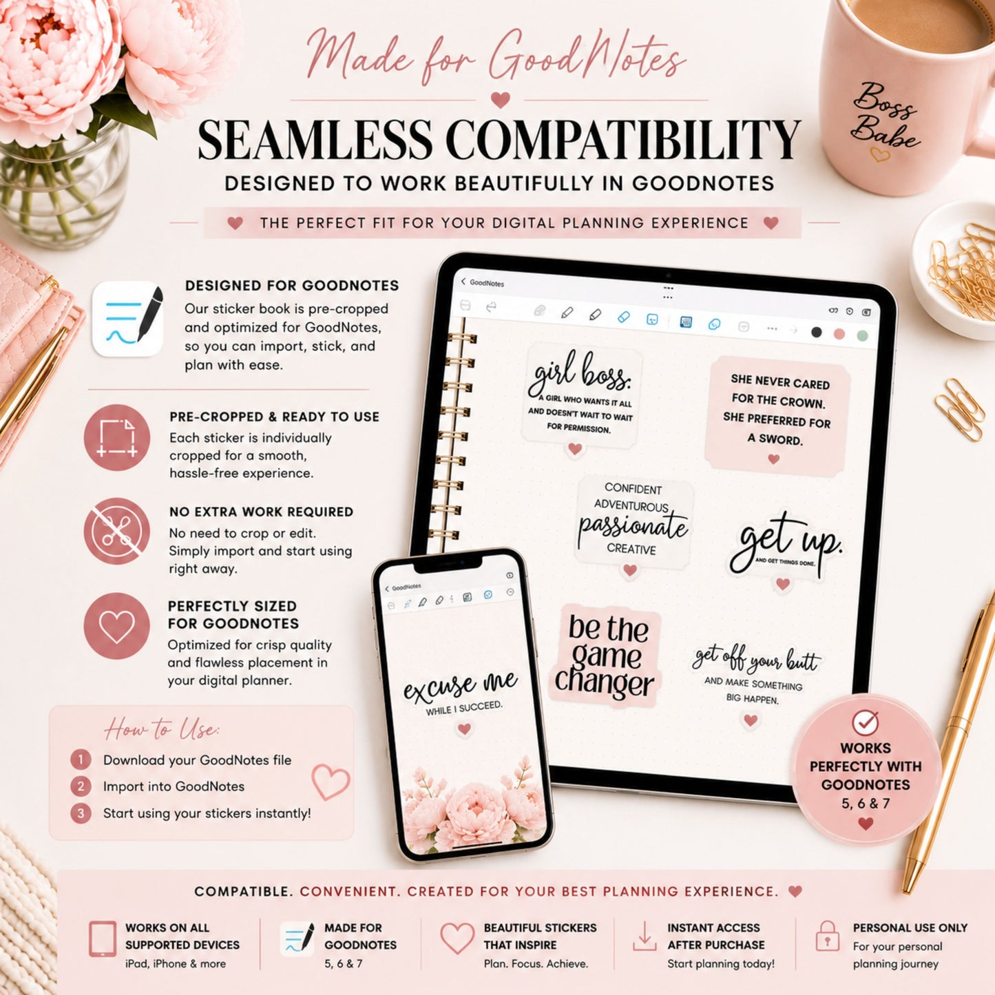 Digital Stickers, Goodnotes stickers, Digital Planner Stickers Girl Boss Lady Motivational Sayings Digital Stickers for Digital Planner