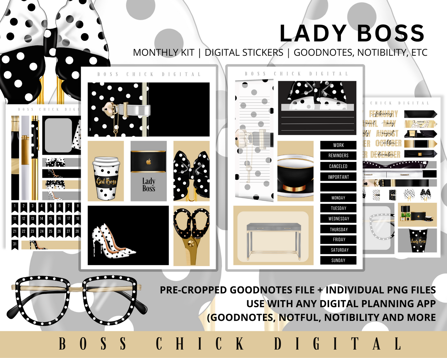 Digital Planner Stickers Monthly Digital Sticker Kit | Digital Pre-Cropped Goodnotes File Digital Stickers | PNG's Included- Lady Boss