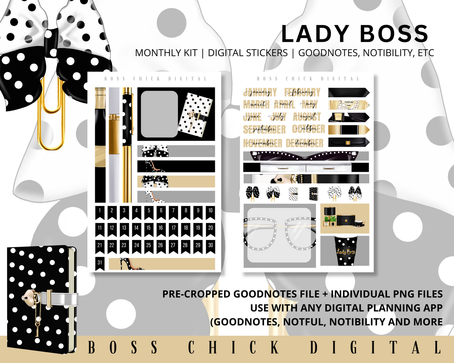 Digital Planner Stickers Monthly Digital Sticker Kit | Digital Pre-Cropped Goodnotes File Digital Stickers | PNG's Included- Lady Boss