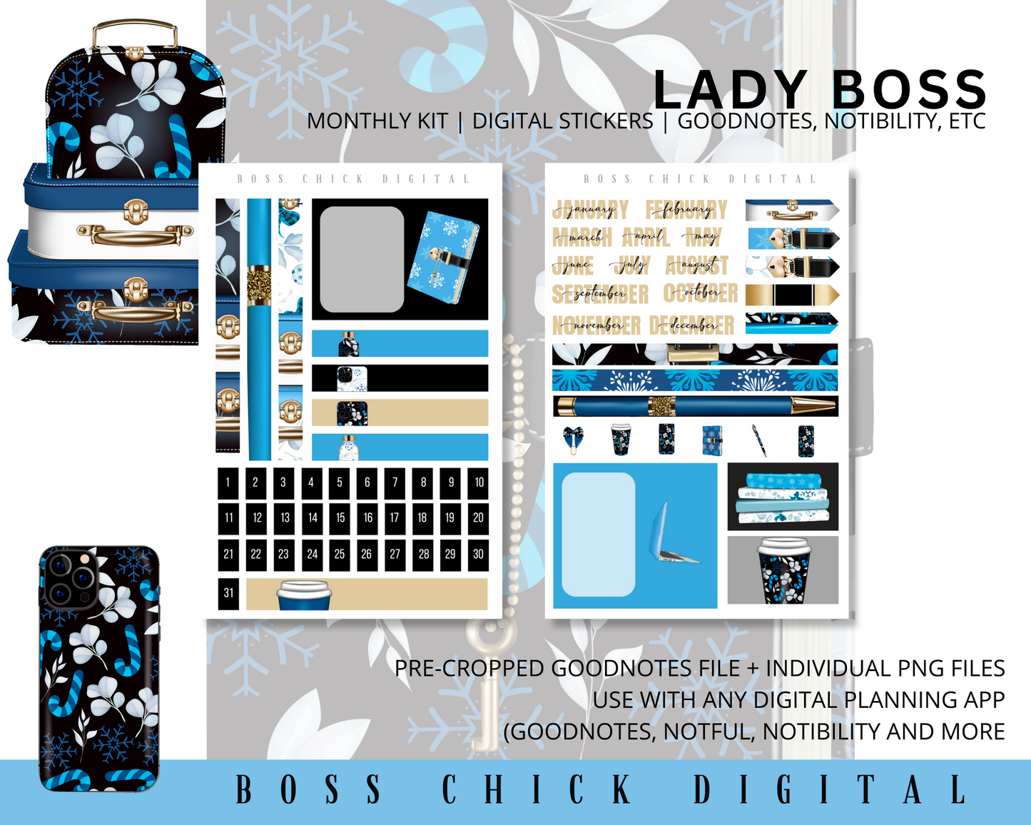 Digital Planner Stickers Monthly Digital Sticker Kit | Digital Pre-Cropped Goodnotes File Digital Stickers | PNG's Included- Lady Boss Blue