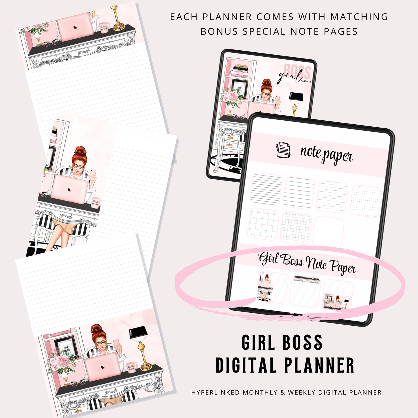 Girl Boss Digital Planner | Hyperlinked Undated PDF | Portrait Layout | Girl Boss Digital Organizer