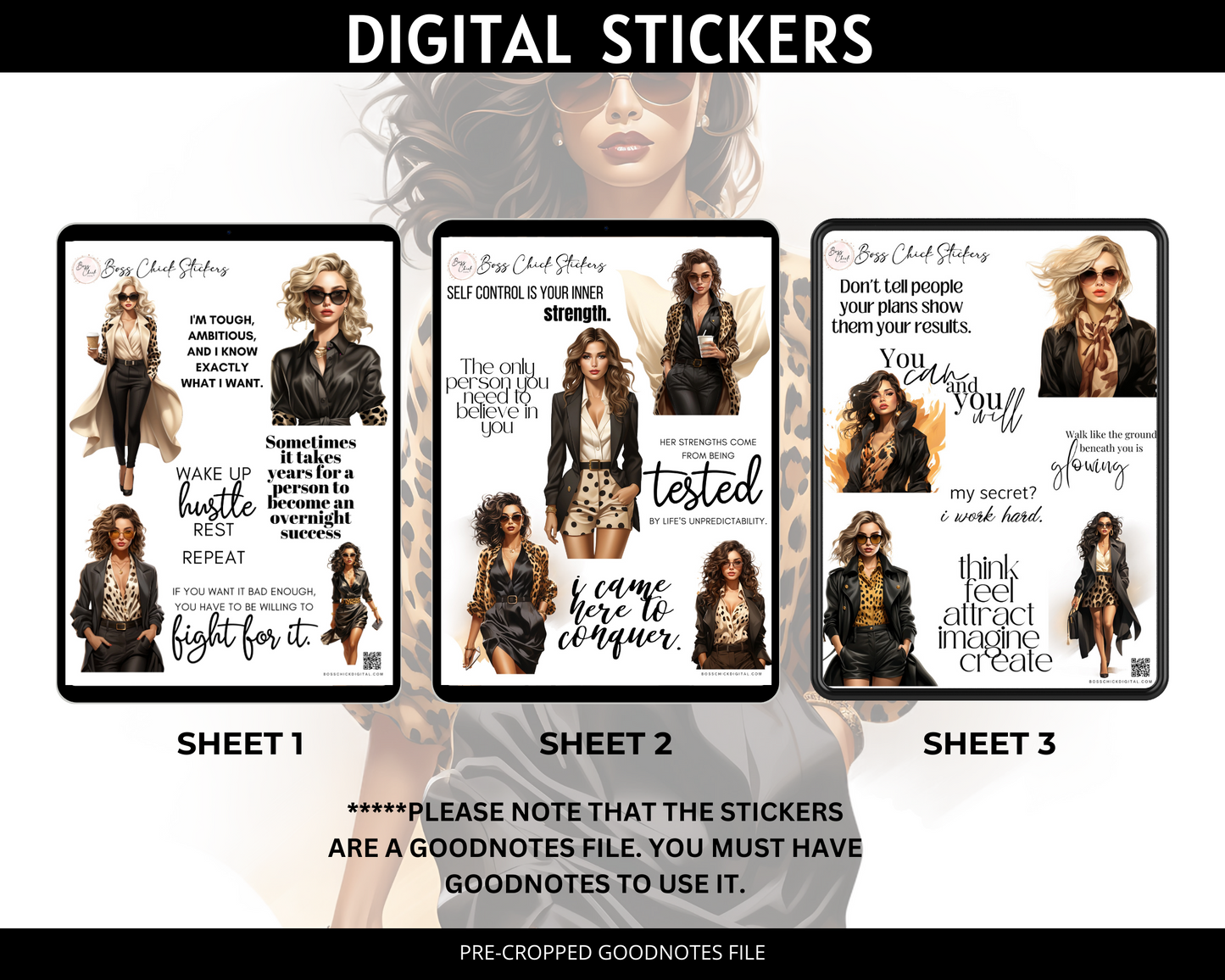 Digital Stickers, Goodnotes stickers, Digital Planner Stickers Girl Boss Leopard Print Digital Stickers for Digital Planner