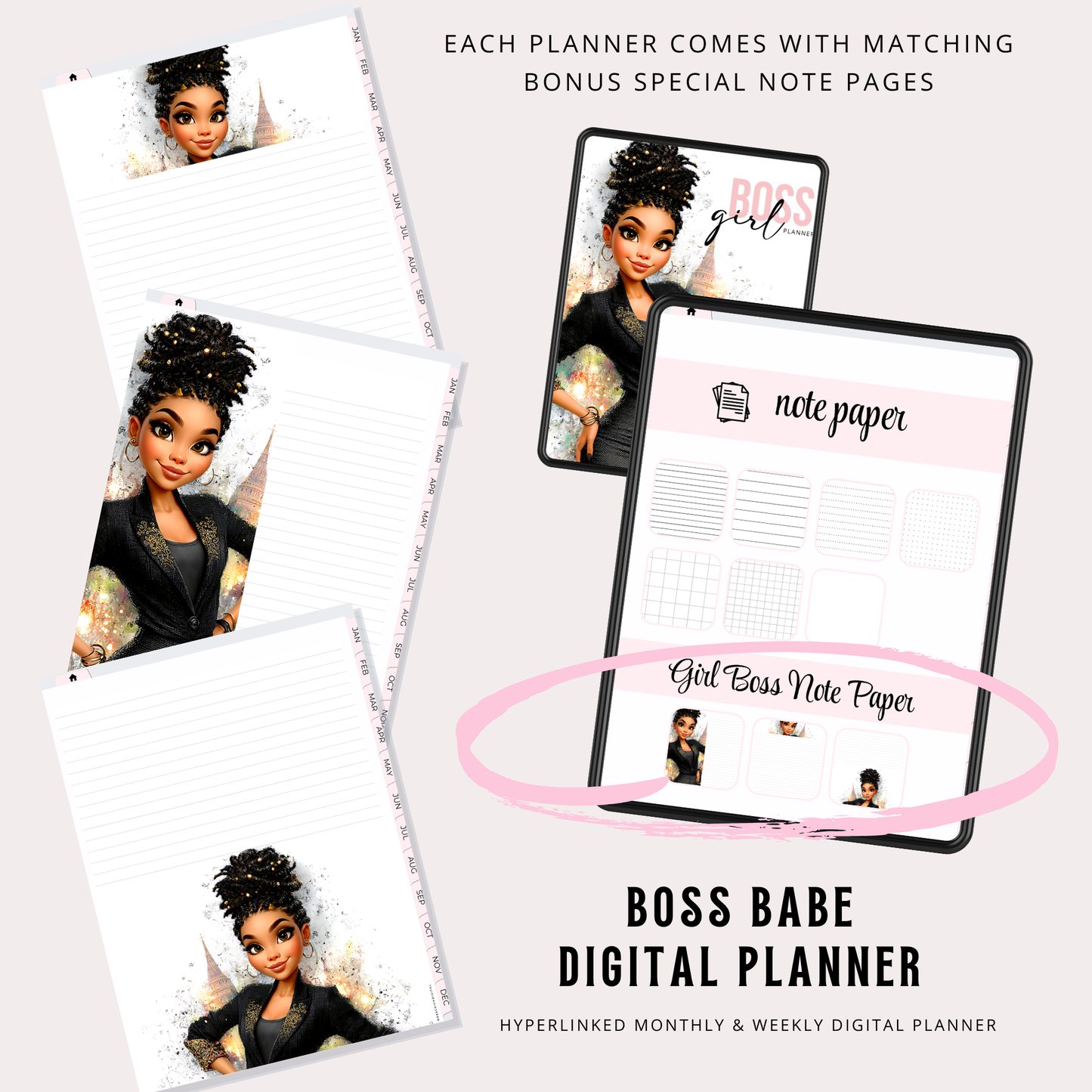 Boss Babe Digital Planner | Hyperlinked Undated PDF | Portrait Layout | Bonus Stickers | Girl Boss Digital Organizer