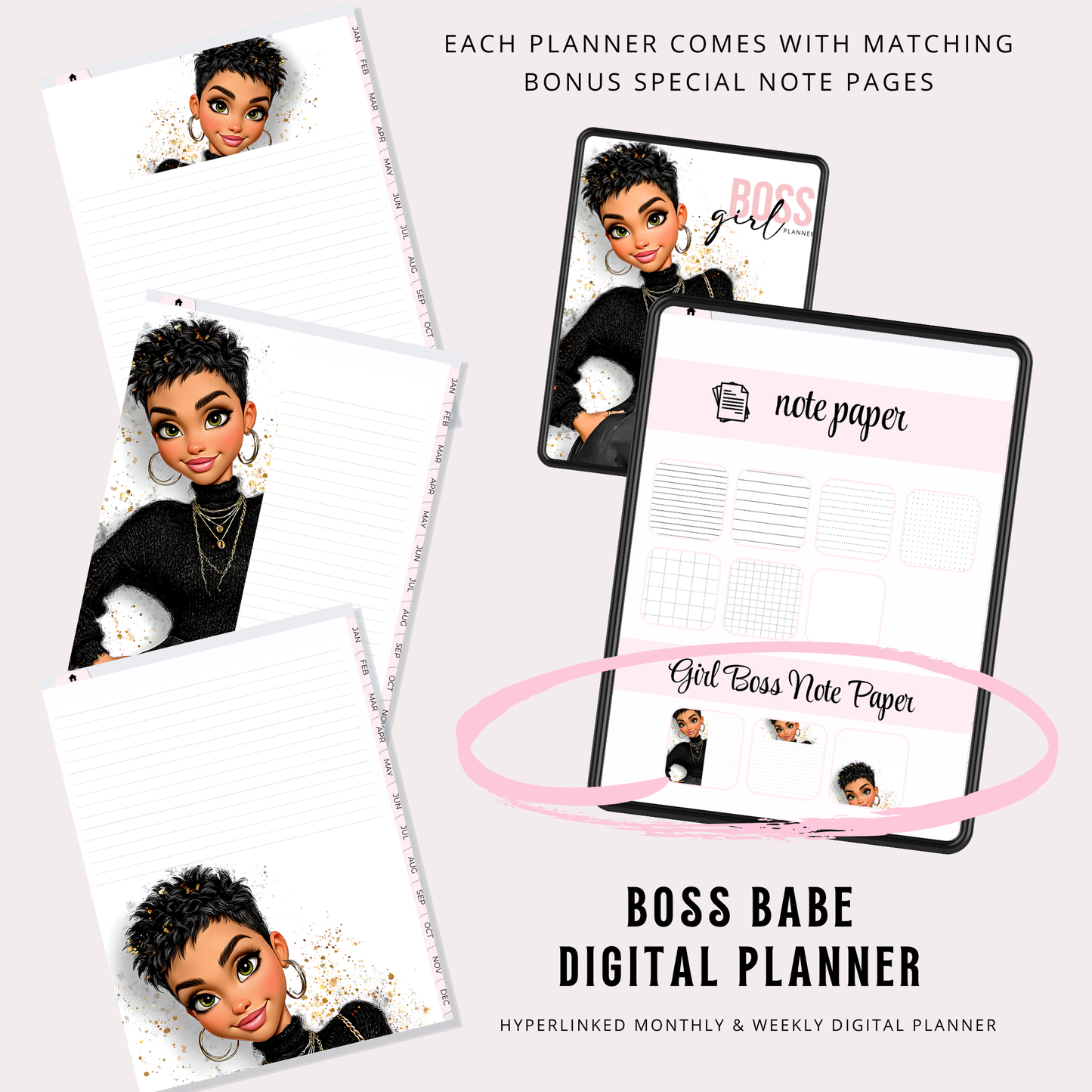 Boss Babe Digital Planner for iPad Goodnotes | Hyperlinked Undated PDF | Portrait Layout | Bonus Stickers | Girl Boss Digital Life Organizer