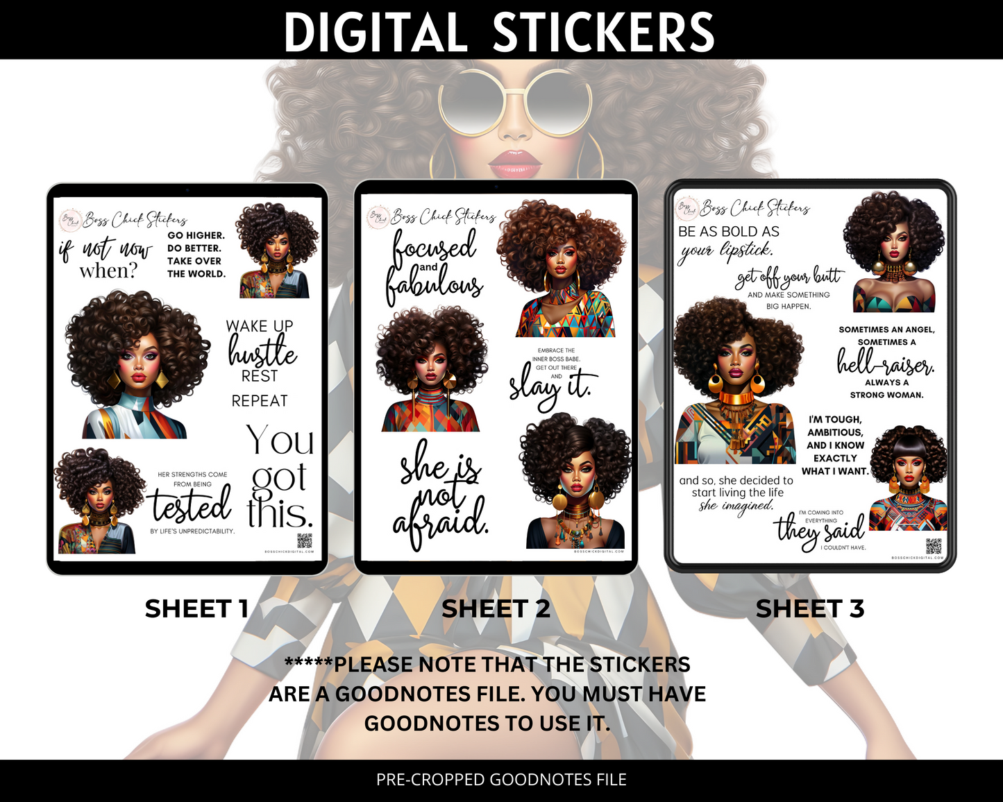 Digital Stickers, Goodnotes stickers, Digital Planner Stickers African American Party Girl Boss Lady Digital Stickers for Digital Planner