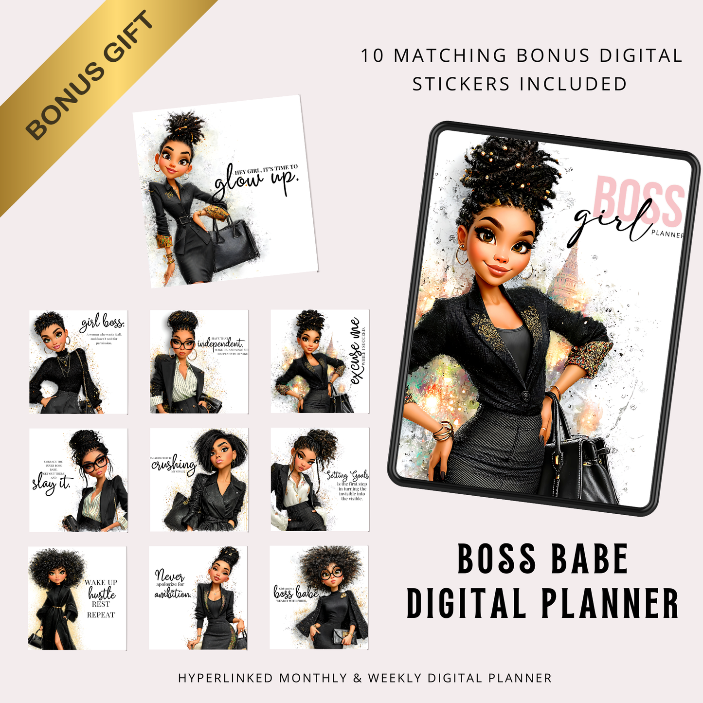 Boss Babe Digital Planner | Hyperlinked Undated PDF | Portrait Layout | Bonus Stickers | Girl Boss Digital Organizer
