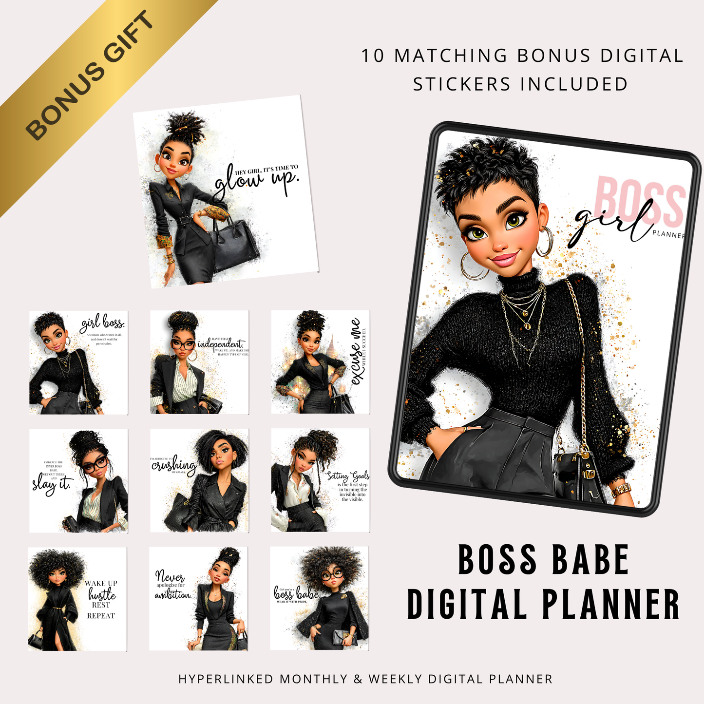 Boss Babe Digital Planner for iPad Goodnotes | Hyperlinked Undated PDF | Portrait Layout | Bonus Stickers | Girl Boss Digital Life Organizer