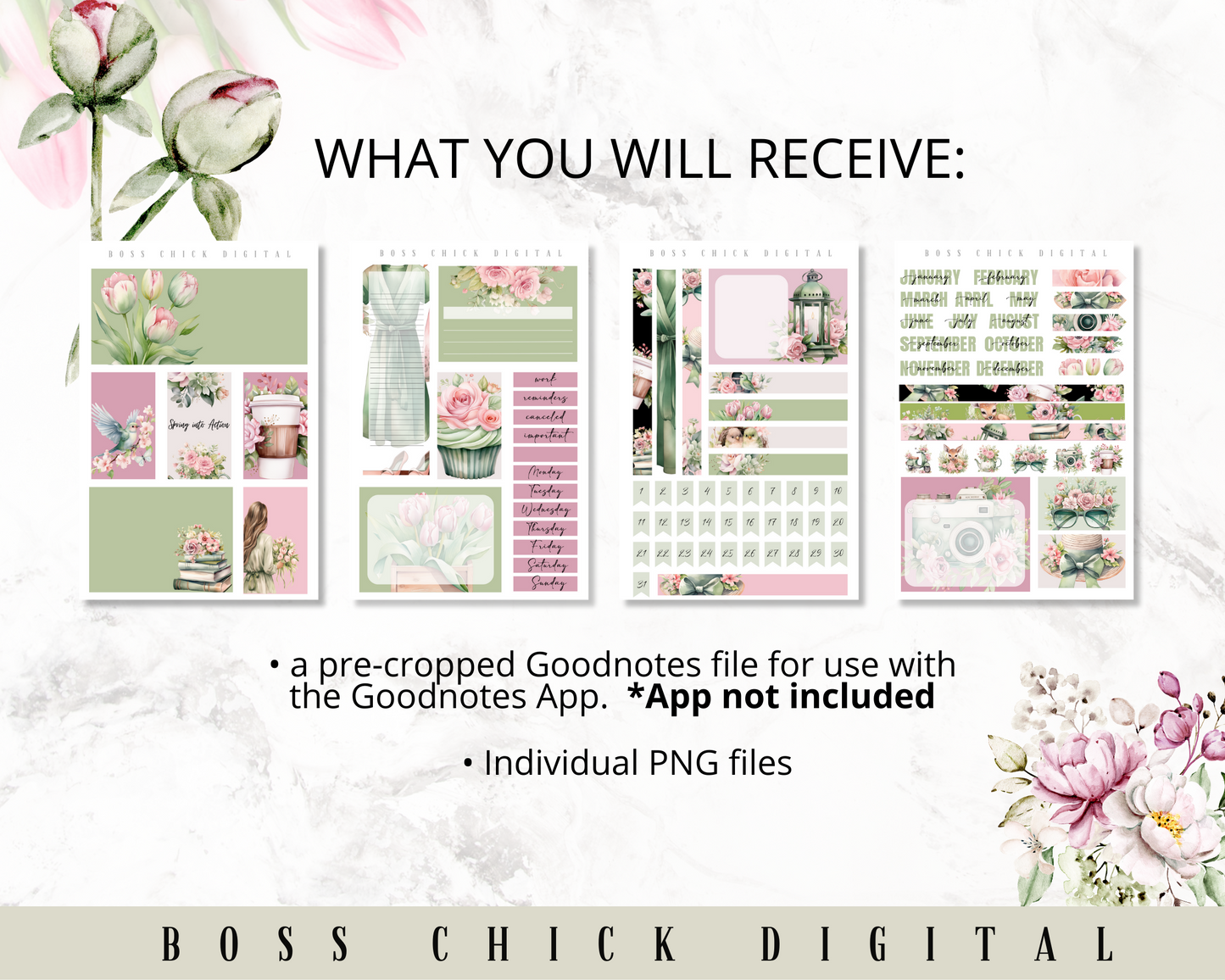 Digital Planner Stickers Monthly Digital Sticker Kit | Digital Pre-Cropped Goodnotes File Digital Stickers | PNG's Included- Spring Into Action