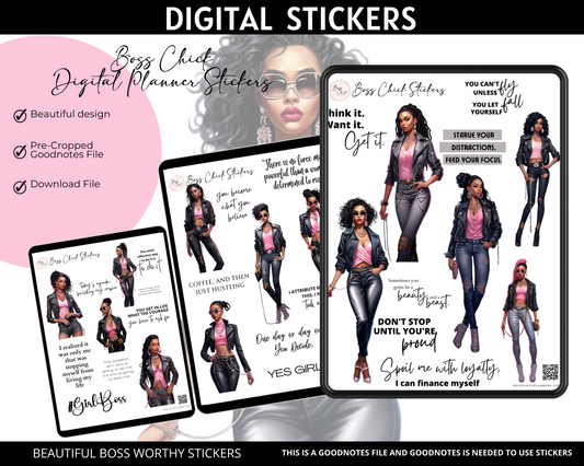Digital Stickers, Goodnotes stickers, Digital Planner Stickers African American Girl Boss Lady In Pink Digital Stickers for Digital Planner