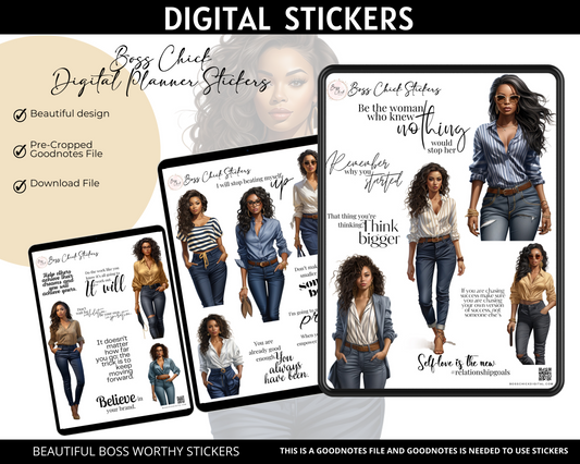 Digital Stickers, Goodnotes stickers, Digital Planner Stickers African American Girl Boss Lady In Denim Digital Stickers for Digital Planner