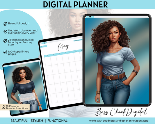 Digital Planner iPad Planner Goodnotes Planner, Denim African American Girl Boss Lady Digital Planner Functional iPad Digital planner, Notability Planner