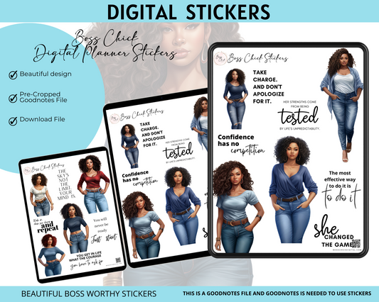 Digital Stickers, Goodnotes stickers, Digital Planner Stickers African American Girl Boss Lady In Denim Digital Stickers for Digital Planner