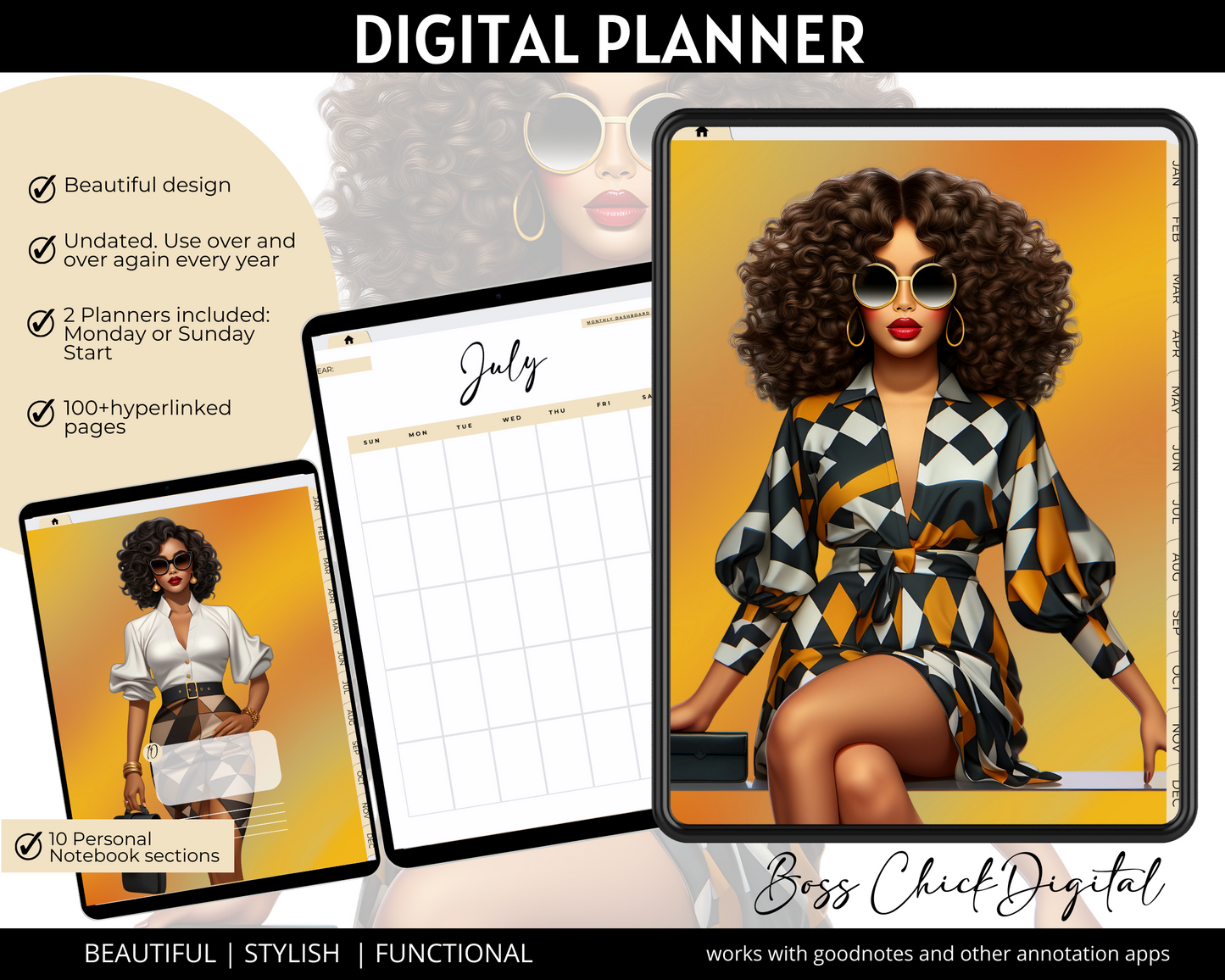Digital Planner iPad Planner Goodnotes Planner, African American Girl Boss Lady Digital Planner Functional iPad Digital planner, Notability Planner